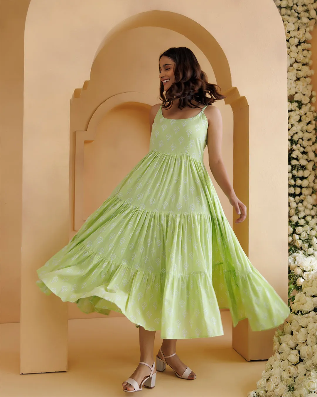 Qala Pista Green Hand Block Printed Tier Dress