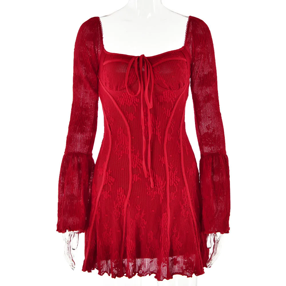 REALAIOT 2025 ins lace new flared sleeve tube top dress sexy spice girl  casual backless hip skirt