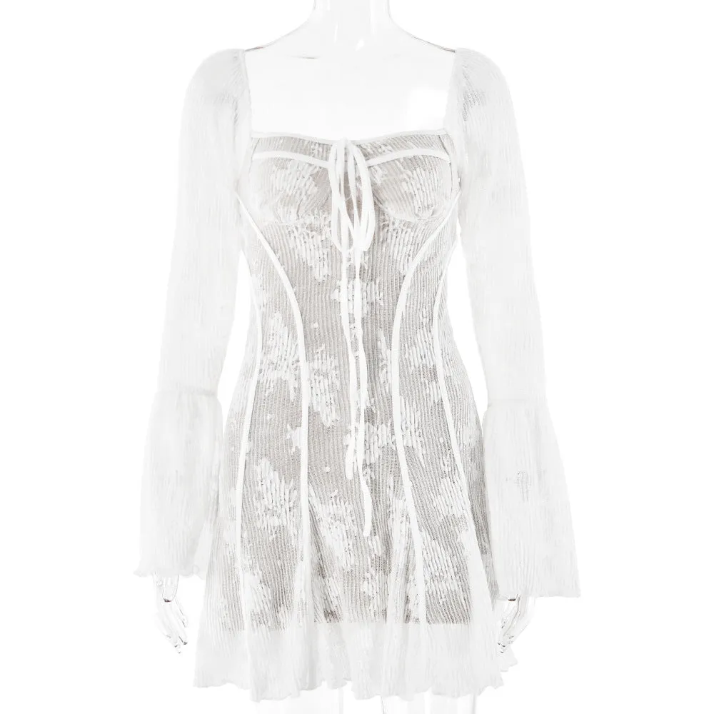 REALAIOT 2025 ins lace new flared sleeve tube top dress sexy spice girl  casual backless hip skirt