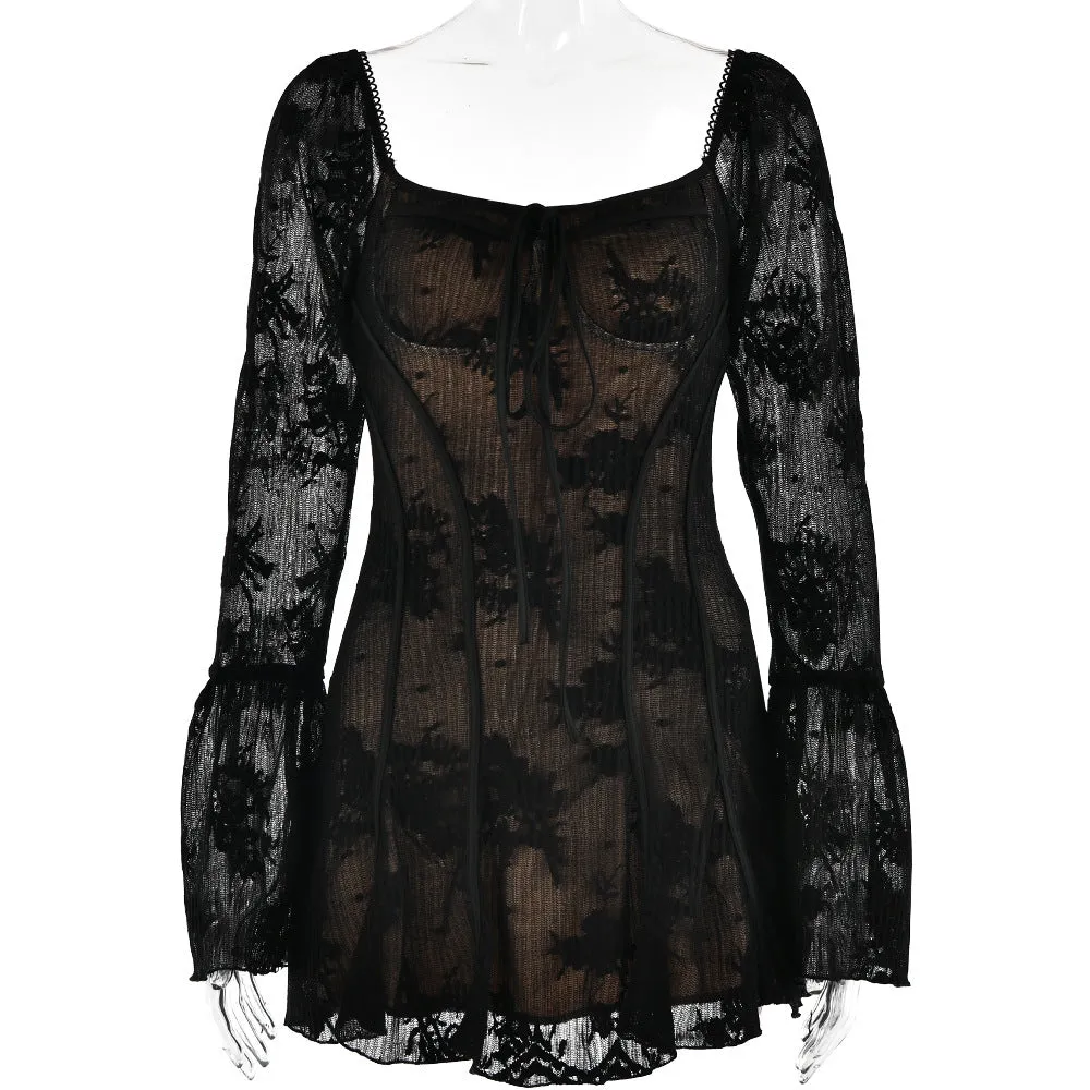 REALAIOT 2025 ins lace new flared sleeve tube top dress sexy spice girl  casual backless hip skirt