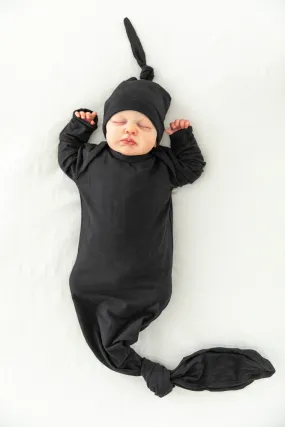 Solid Black Newborn Baby Knotted Gown & Knotted Hat Set
