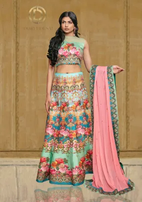 Turquoise Green Burnt Orange Lehanga Set with Digital floral prints for Mehendi / Sangeet
