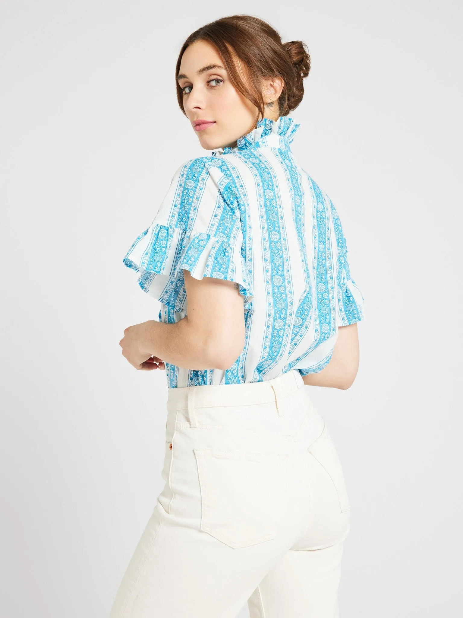Vanessa Top in Aqua Jaipur Stripe