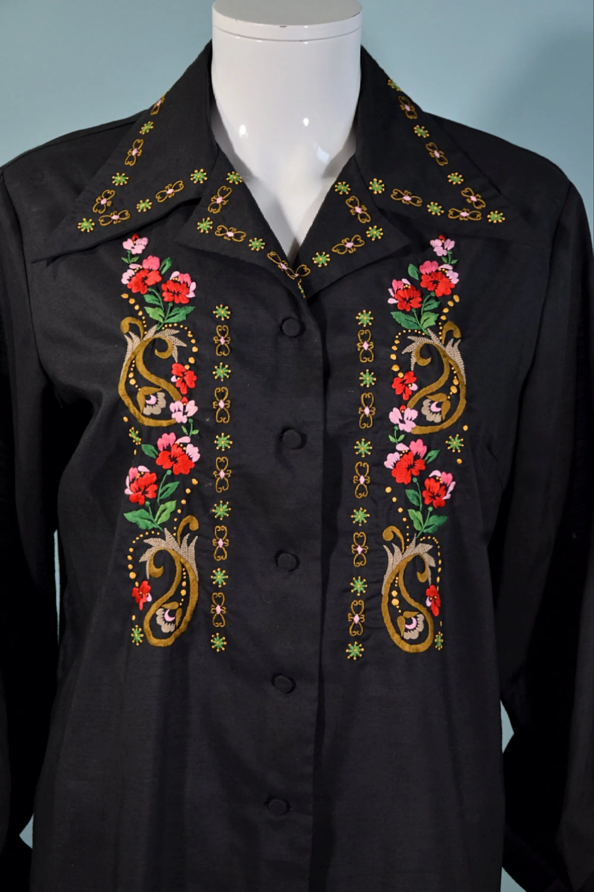 Vintage 60s Black Hand Embroidered Boho Blouse, Lily Shanghai China SZ 40