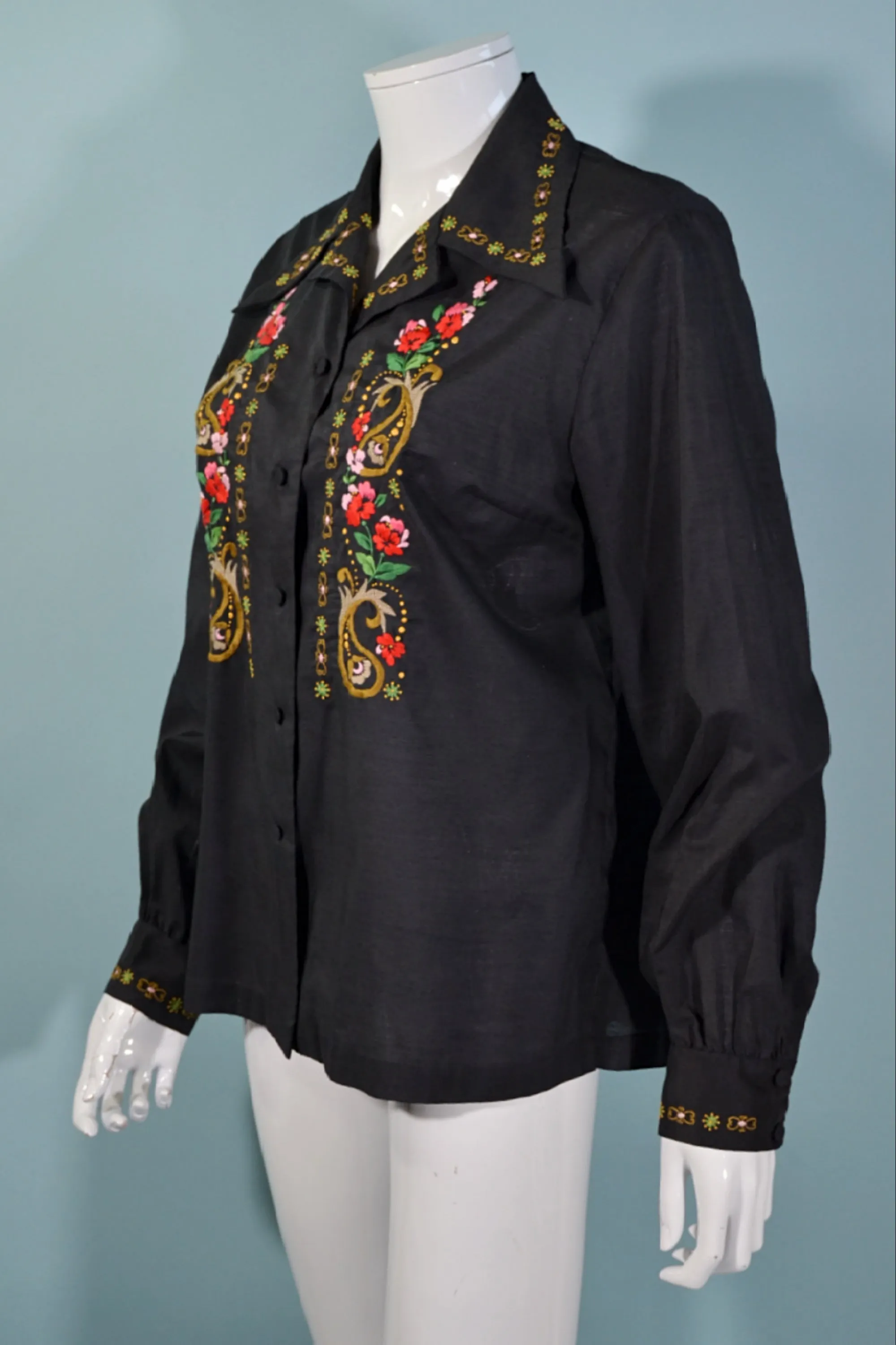 Vintage 60s Black Hand Embroidered Boho Blouse, Lily Shanghai China SZ 40
