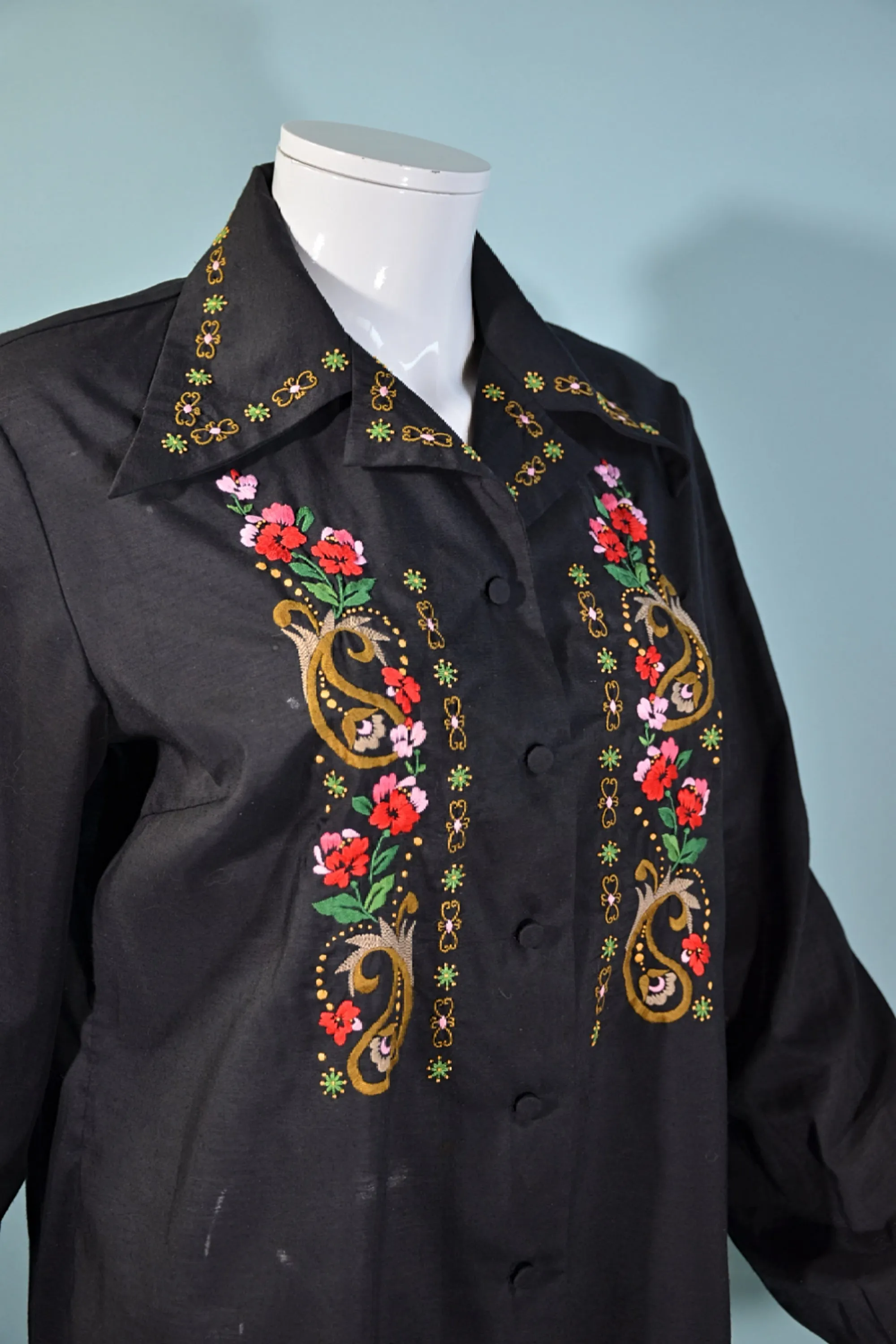 Vintage 60s Black Hand Embroidered Boho Blouse, Lily Shanghai China SZ 40