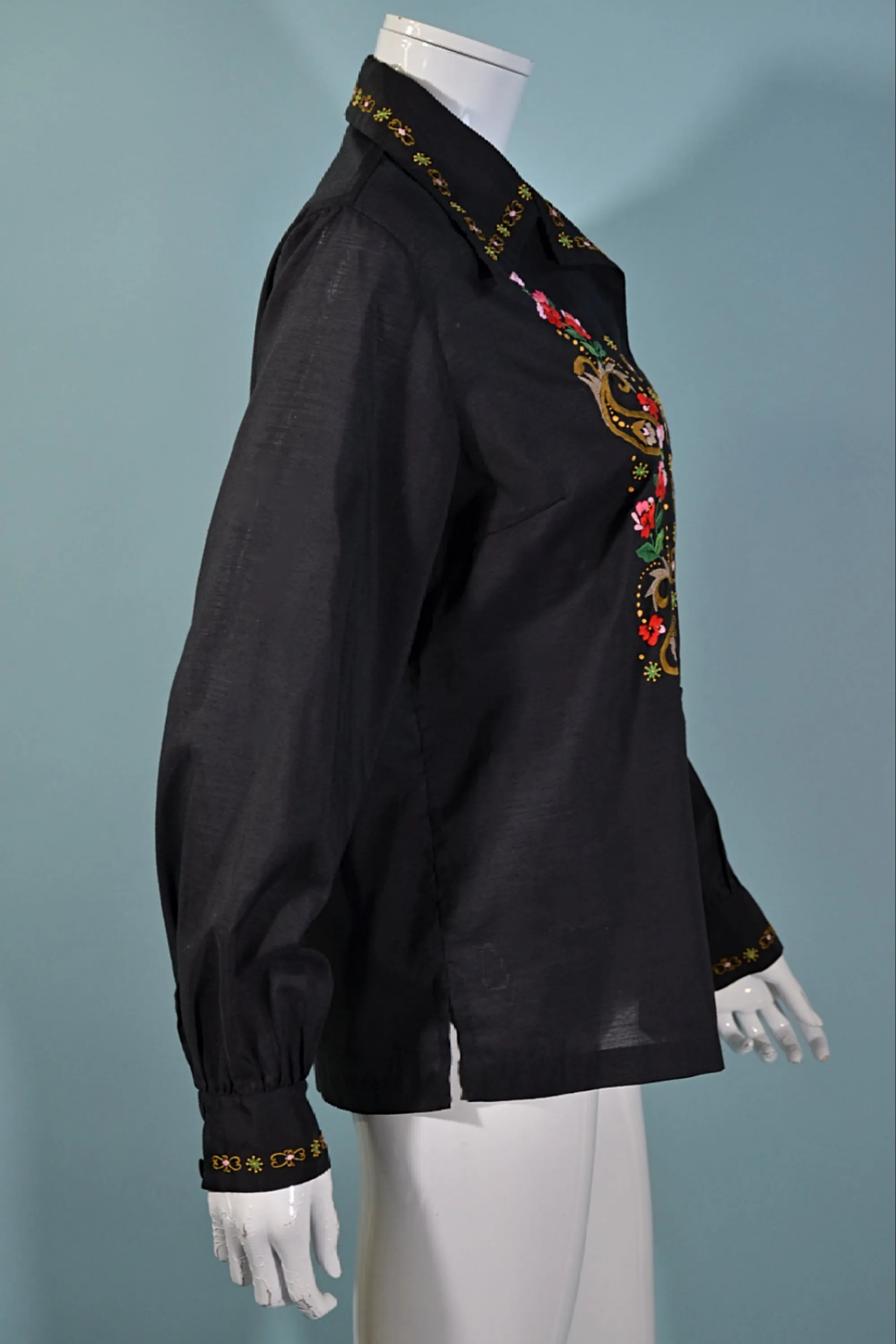 Vintage 60s Black Hand Embroidered Boho Blouse, Lily Shanghai China SZ 40