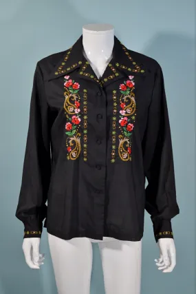 Vintage 60s Black Hand Embroidered Boho Blouse, Lily Shanghai China SZ 40