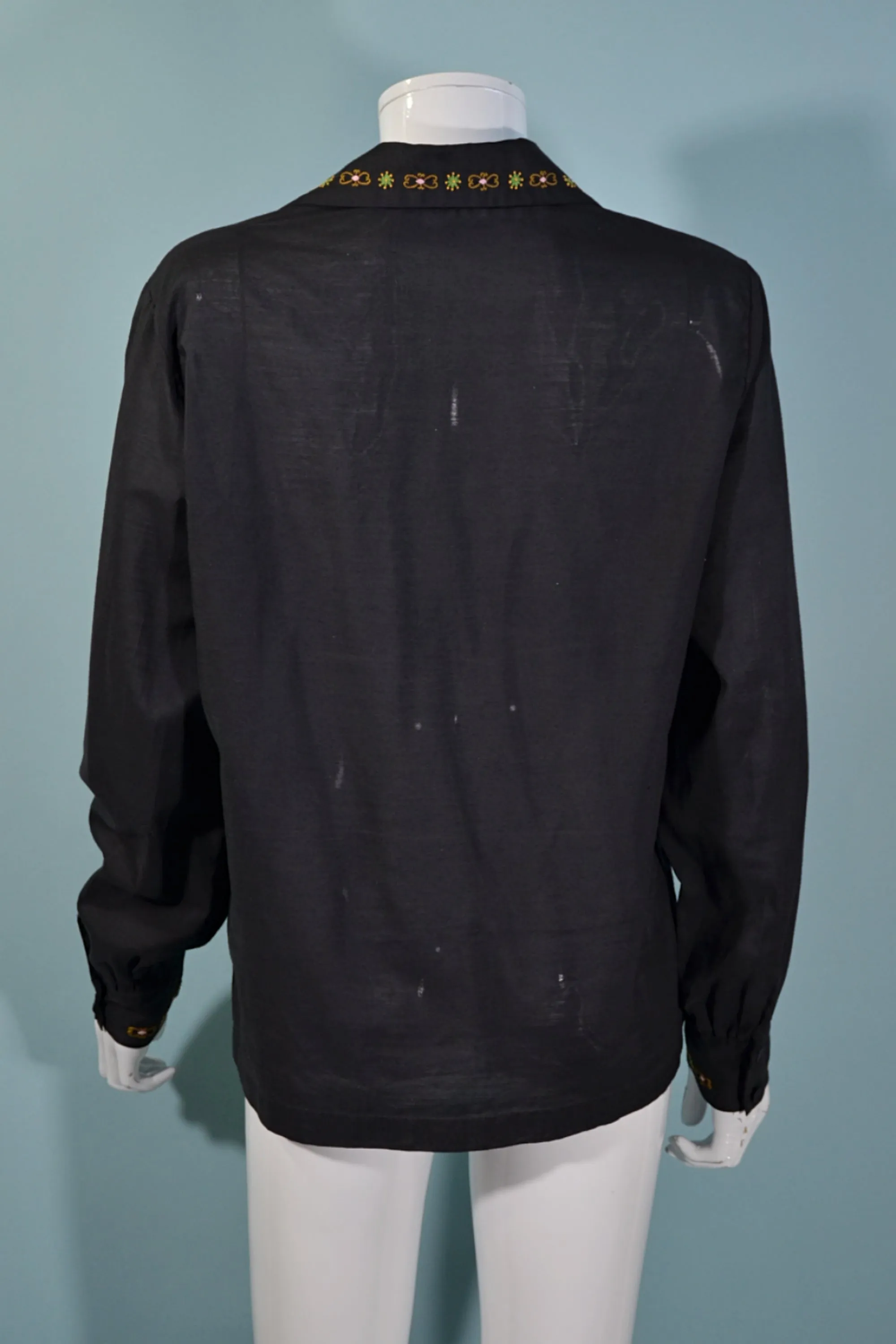 Vintage 60s Black Hand Embroidered Boho Blouse, Lily Shanghai China SZ 40