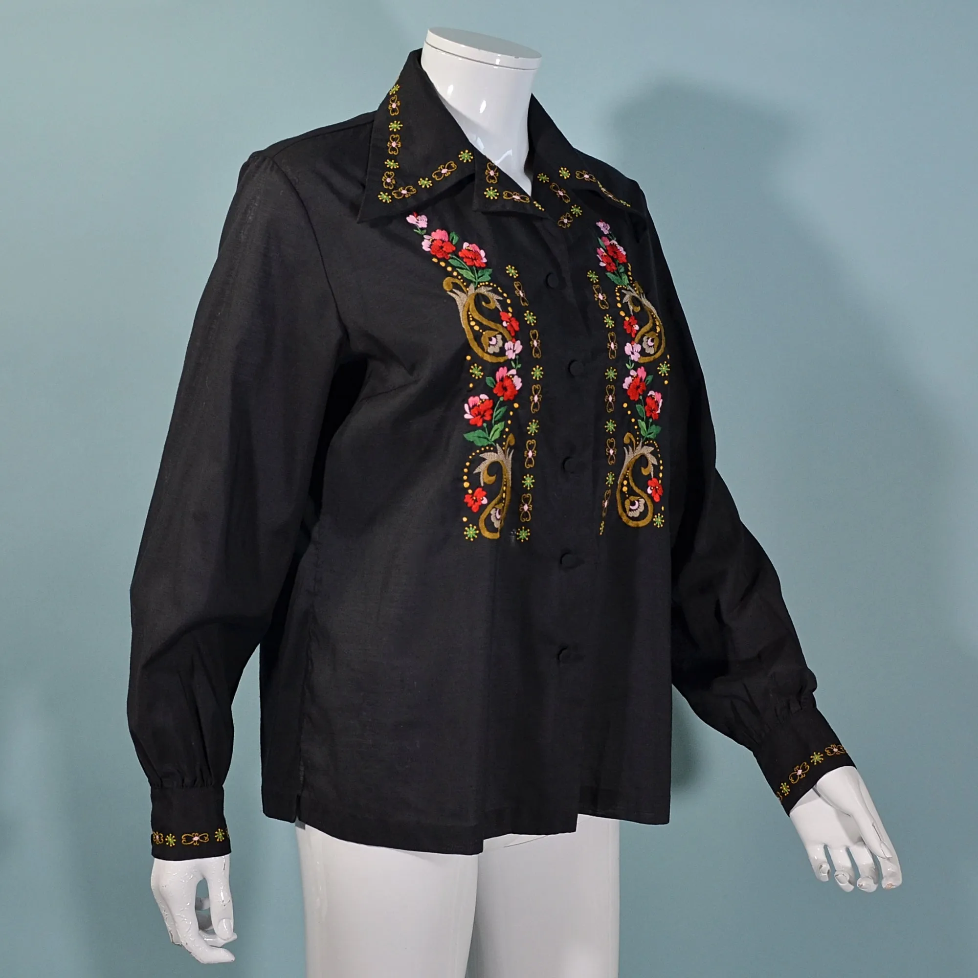 Vintage 60s Black Hand Embroidered Boho Blouse, Lily Shanghai China SZ 40
