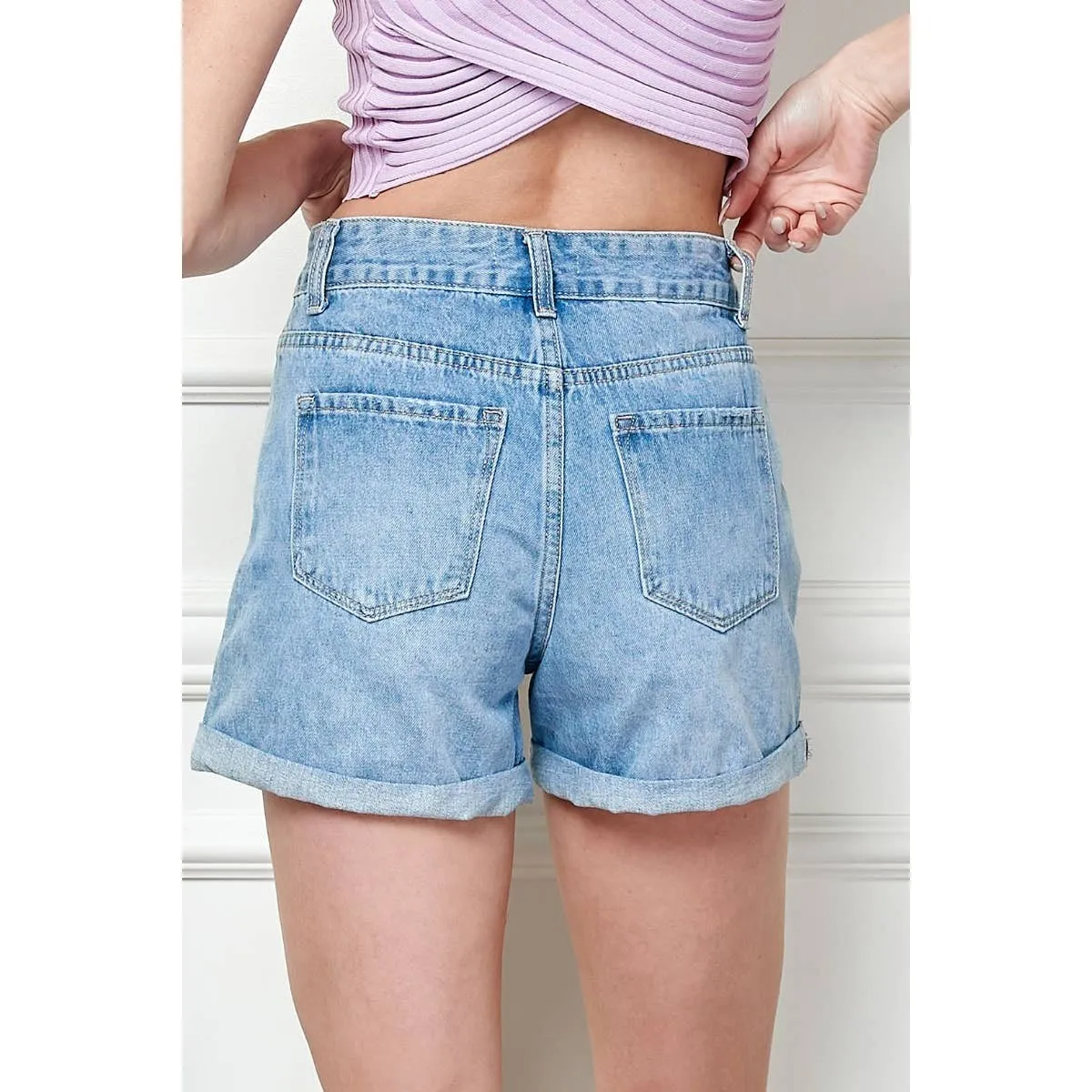 Washed Denim Distressed Roll up Shorts