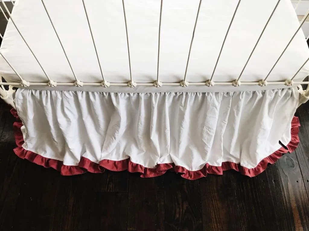 White and Blush Ruffled Crib Skirt