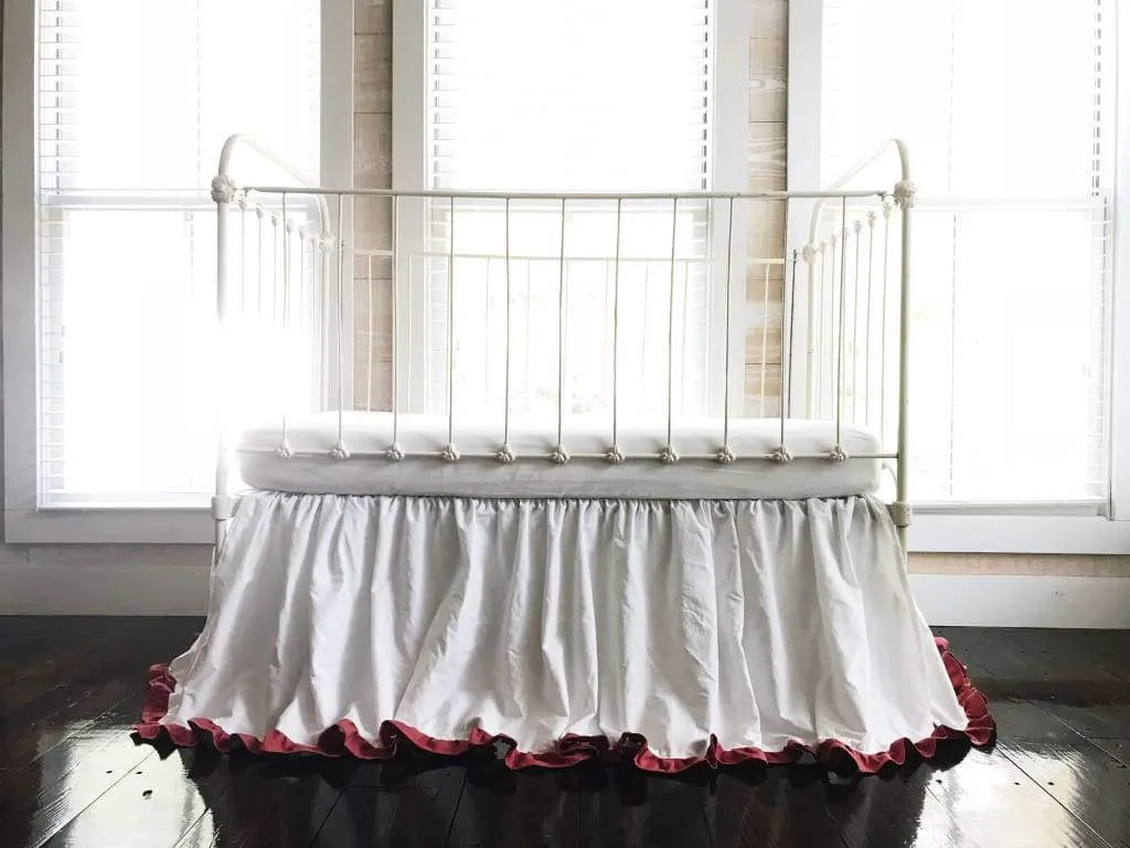 White and Blush Ruffled Crib Skirt